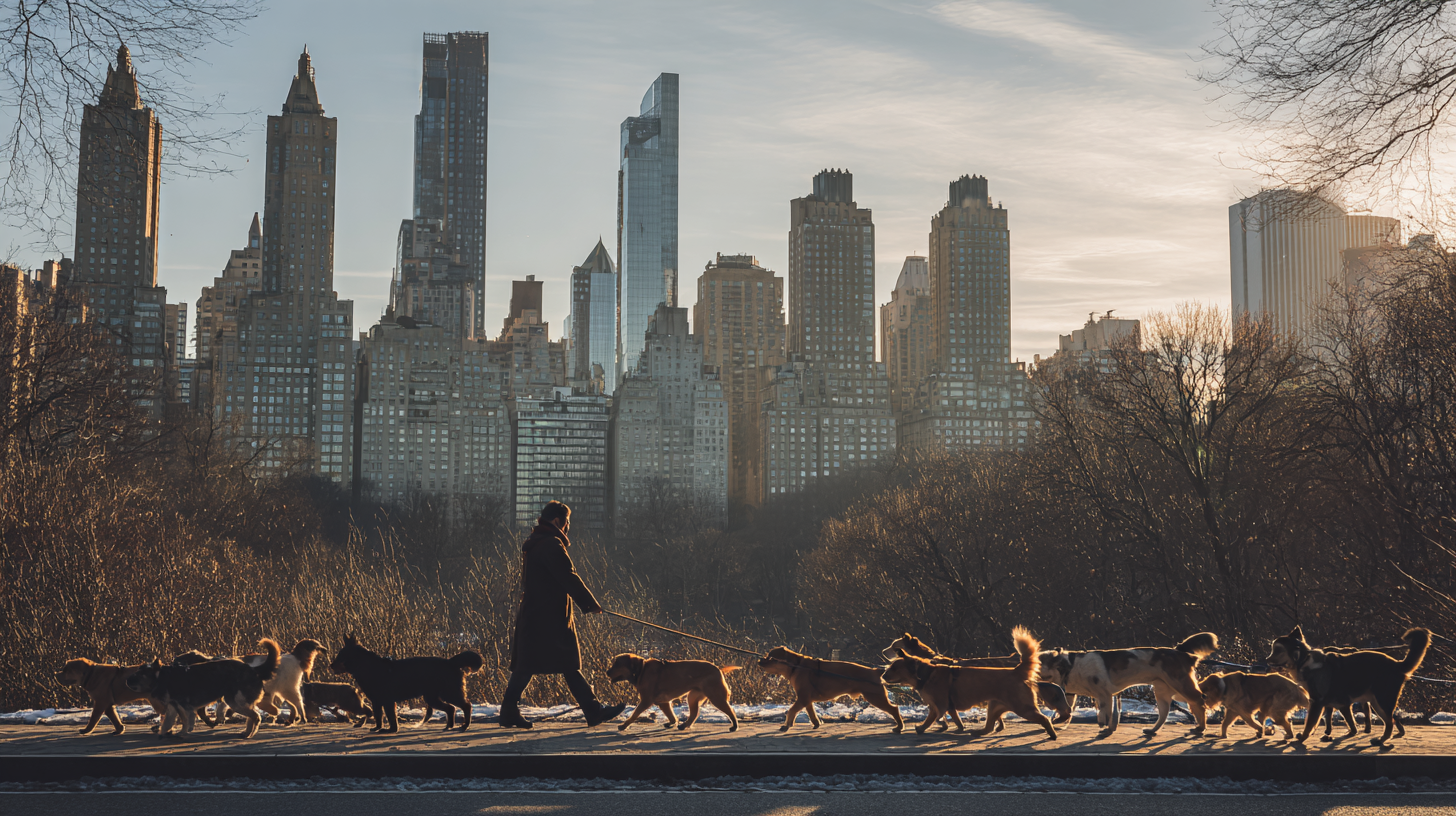 Professional dog walker with leashed dogs on a Manhattan sidewalk.