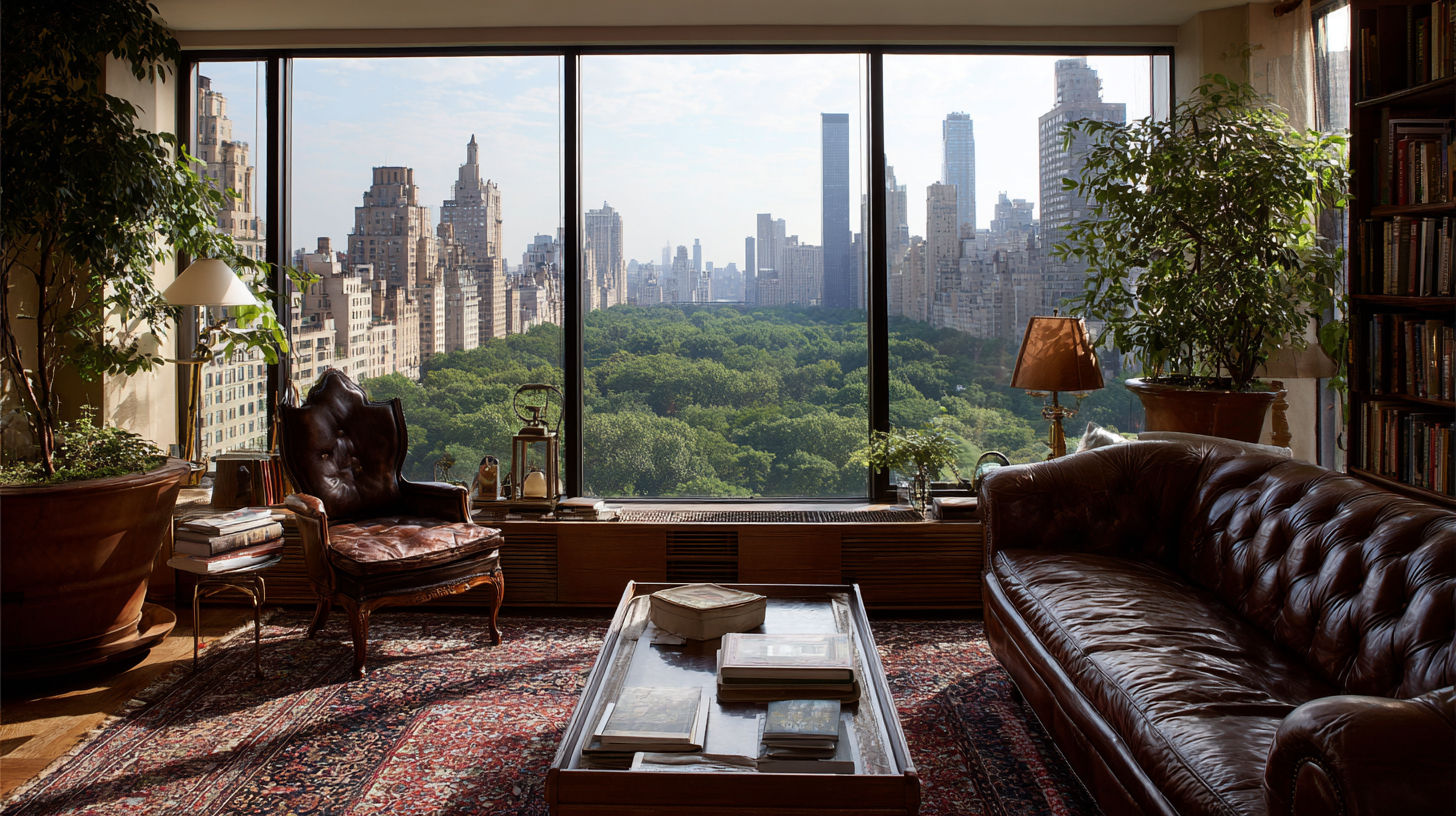 Penthouse living room in Manhattan with panoramic Central Park views.