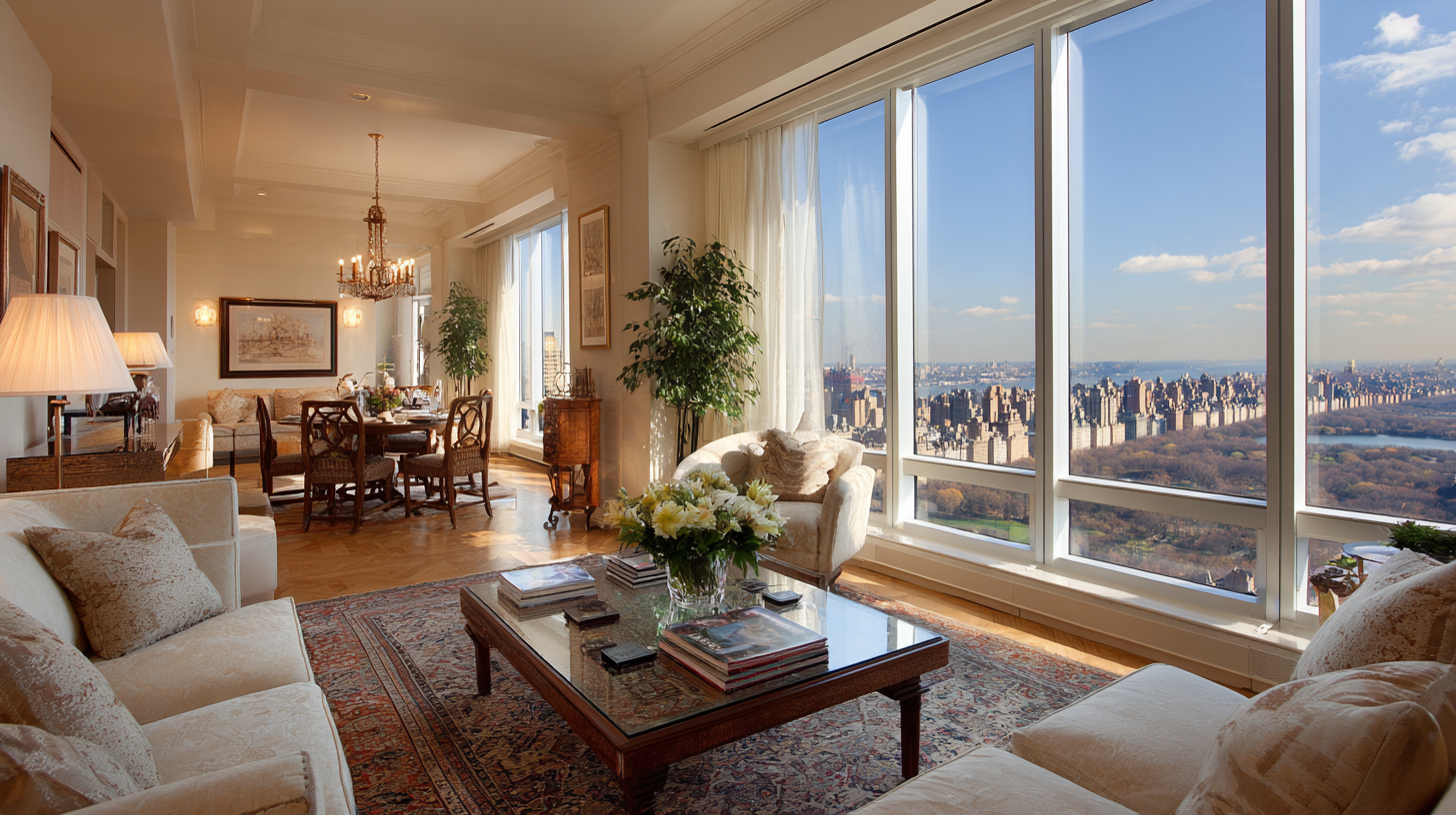 Evening skyline view from a luxury Manhattan apartment.